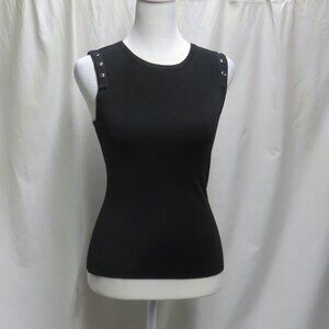 Ladies Sleeveless Black Tank Top with Silver Button Embellishments